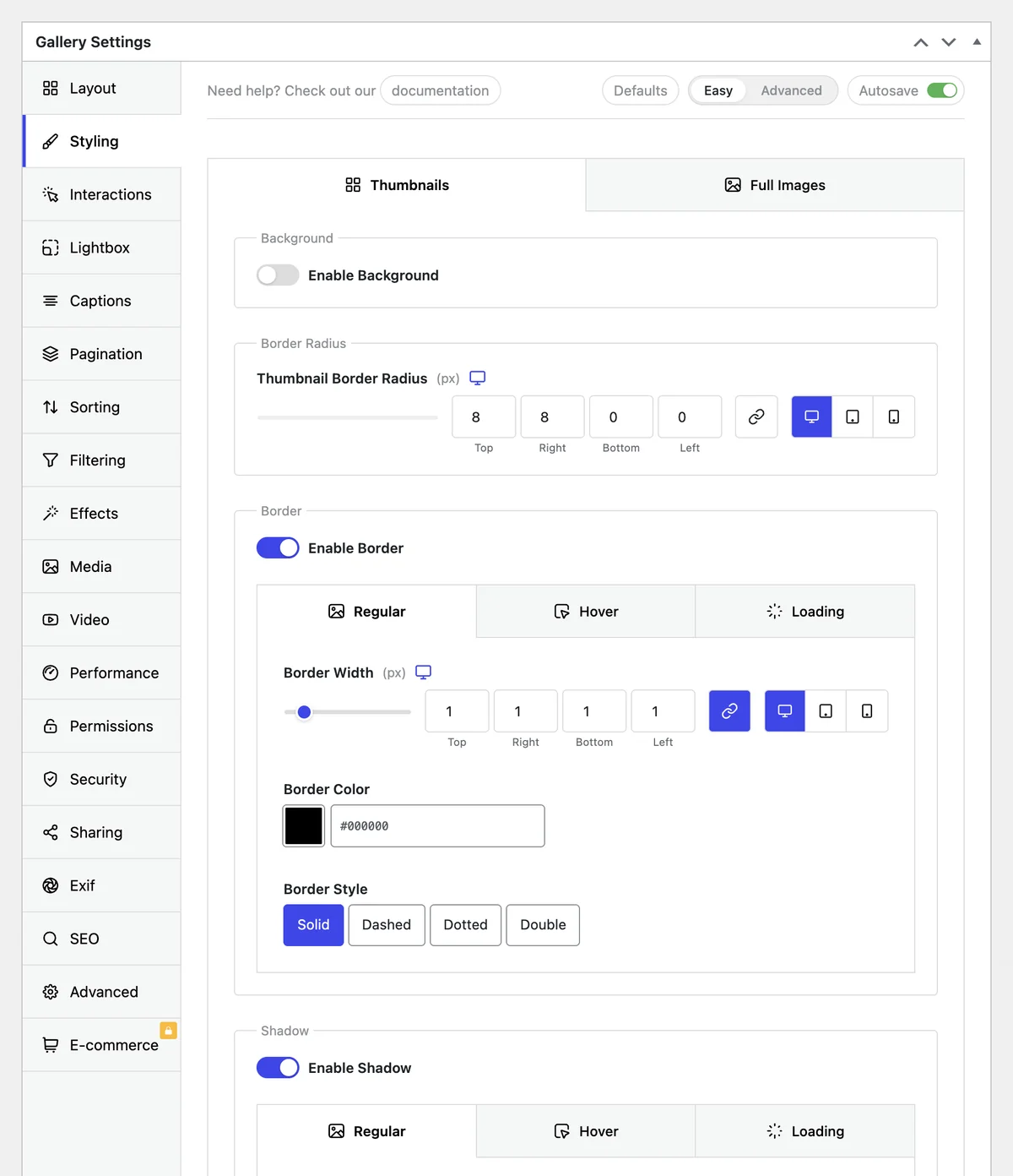 FotoGrids Gallery Settings Styling tab showing thumbnail border radius, border width, colour and style controls