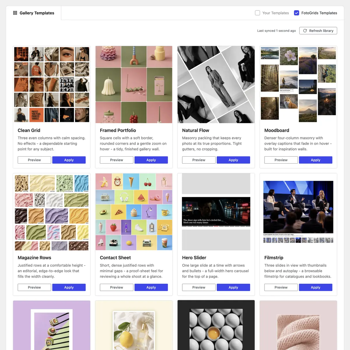 FotoGrids template library showing gallery presets including Clean Grid, Framed Portfolio, Natural Flow and Hero Slider, each with preview and apply buttons