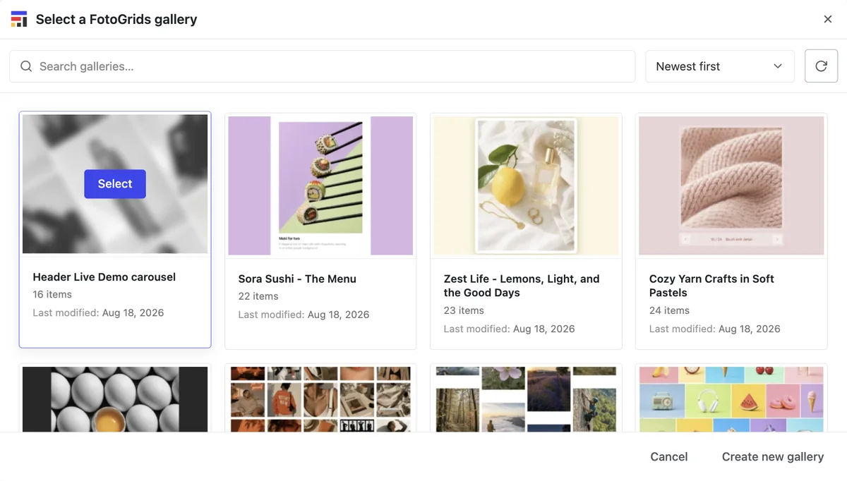 FotoGrids Select a gallery modal showing gallery thumbnails with item counts, search and sort by newest first