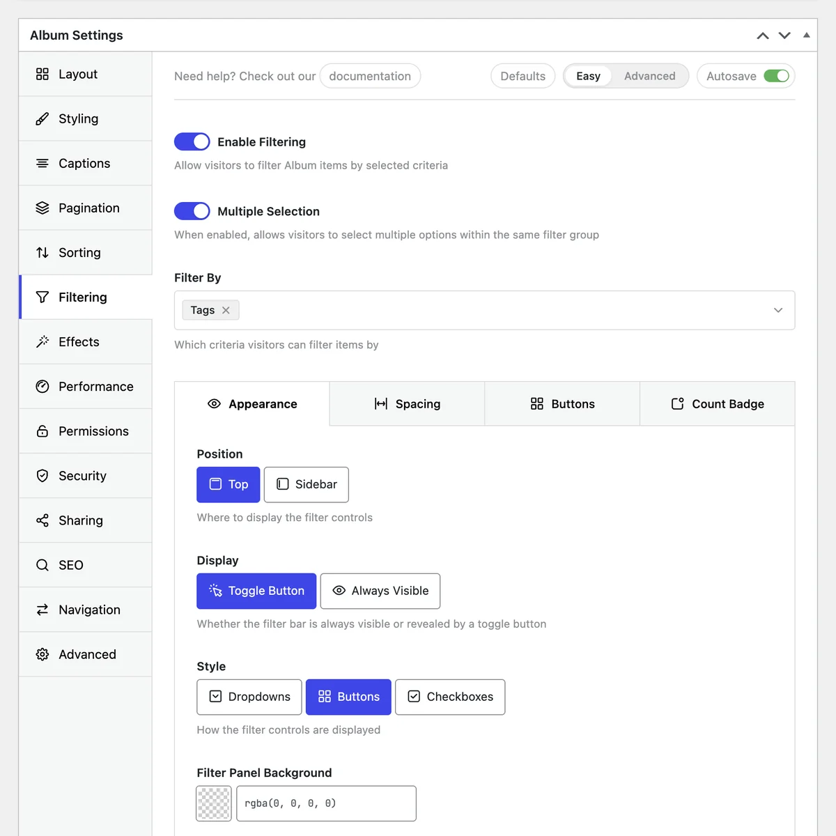 FotoGrids album filtering settings with visitor filters enabled, filtering by tags, and controls for filter position, display and style
