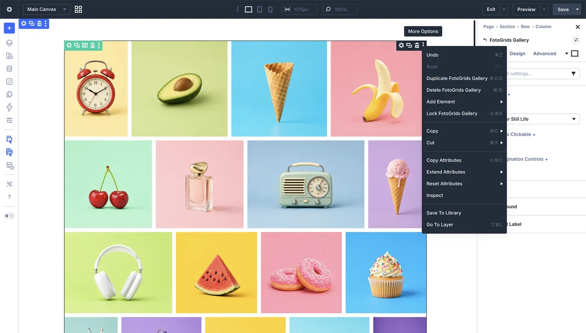 FotoGrids Gallery module in the Divi builder, with the gallery grid on the canvas and the module's right-click options menu open